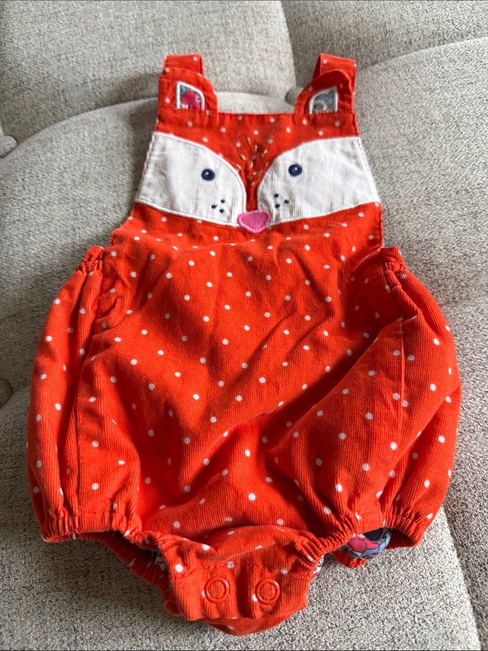 Baby Boden Orange Fox Polka Dot Romper 3-6M • Cute • Playful